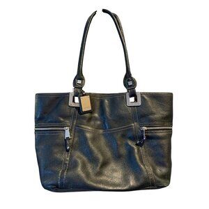 Tignanello Black Leather Tote Bag With Silver Hardware & Zip Pockets